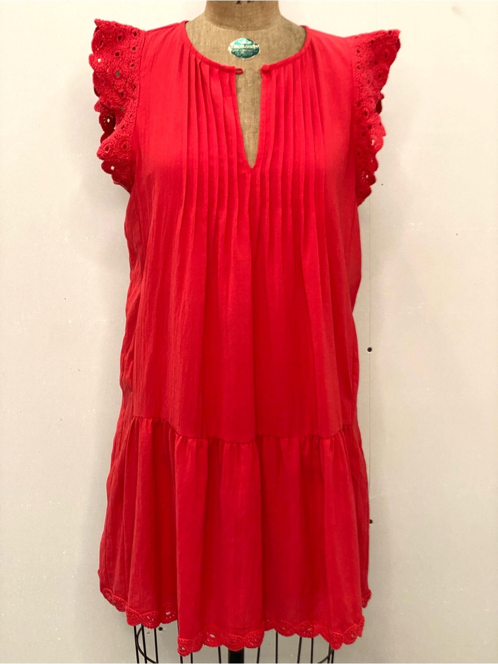 Current Air Pintuck Tunic Dress in Red with Crochet Embellishment.